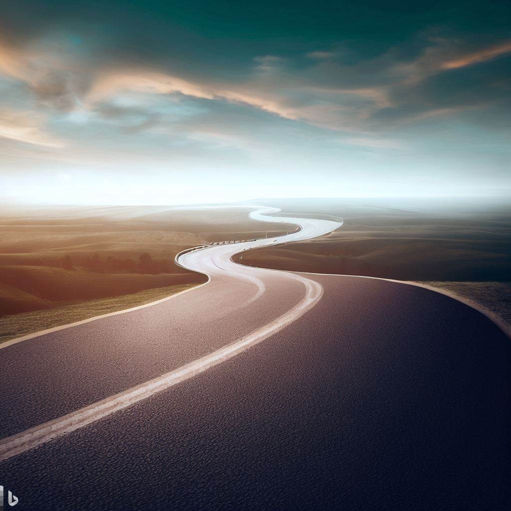 Uma estrada sinuosa que se estende em direção ao horizonte, representando a jornada contínua de crescimento pessoal. Isso simboliza a busca por novos horizontes e o progresso constante.